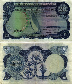 ВОСТОЧНАЯ АФРИКА 20 ШИЛЛИНГОВ 1964 Pick 47 бумага 6352-49-3-1