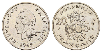 Французская Полинезия 20 франков 1969 KM 6 никель UNC 177-621