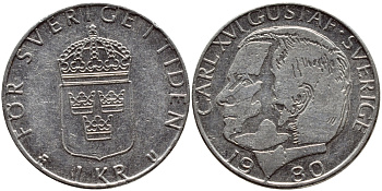 Швеция 1 крона 1980 Карл XVI Густав (1973- ) KM 852 медь плакированная медно-никелем 4397-942