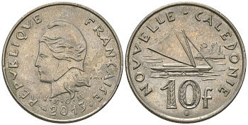 Французская Новая Каледония 10 франков 2013 рыбачья парусная лодка, (IEOM) KM 11a, Schoen 13a, Lec 99k медно-никель 67-443