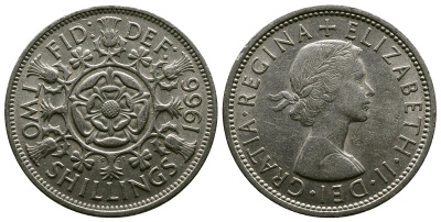 Великобритания 2 шиллинга (флорин) 1966 Елизавета II (1952-2022) KM 906, Spink 4146 медно-никель 4382-634
