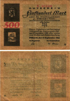 ПЁСНЕК 500 МАРОК 1922 НОТГЕЛЬД, 13 СЕНТЯБРЯ 1922 - 15 ДЕКАБРЯ 1922, ЗЕМЛЯ ТЮРИНГИЯ Muller 3630.4b бумага 6318-37-1-2