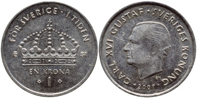 Швеция 1 крона 2007 Карл XVI Густав (1973- ) KM 894 медно-никель 176-931