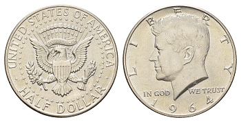 США 1/2 доллара (50 центов) 1964 D, Джон Кеннеди, год-тип KM 202 серебро aUNC 1527-1221