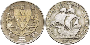 ПОРТУГАЛИЯ 2,5 ЭСКУДО 1942 ПАРУСНИК KM 580 серебро 1521-1235