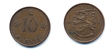 Финляндия 10 пенни 1934 республика (1918-1962) KM 24 медь 51-5415