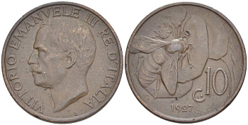 ИТАЛИЯ 10 ЧЕНТЕЗИМО 1927 R, МОНДВОР РИМ, ВИКТОР ЭММАНУИЛ III (1900-1946) KM 60 медь 4525-311