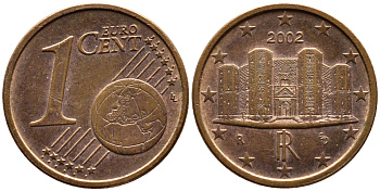 Италия 1 евроцент 2002 KM 210 сталь плакированная медью 4609-444