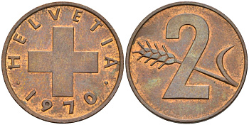 Швейцария 2 раппена 1970 KM 47 бронза 4592-652