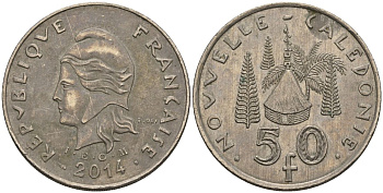 Французская Новая Каледония 50 франков 2014 хижина среди сосен и пальм, (IEOM) KM 13a, Schoen 15a, Lec 128i медно-никель 4111-1112