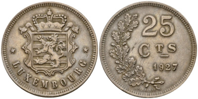 Люксембург 25 сантимов 1927 Шарлотта (1918-1964) KM 37 медно-никель 4122-513