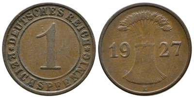 ГЕРМАНИЯ 1 РЕЙХСПФЕННИГ 1927 E KM 37, J. 313 бронза 4380-1141