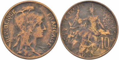 ФРАНЦИЯ 10 САНТИМОВ 1904 ТИП ДАНИЭЛЬ ДЮПЮИ KM 843, LA FRANC 136.14 бронза 109-214