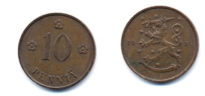Финляндия 10 пенни 1934 республика (1918-1962) KM 24 медь 51-5415