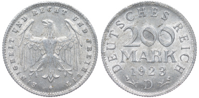 Германия 200 марок 1923 D KM 35, J. 304, Weege 22 алюминий 4604-615