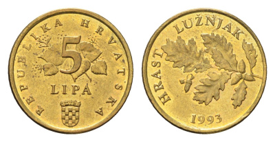 Хорватия 5 лип 1993 нечетный год KM 5 сталь плакированная латунью UNC 4659-665