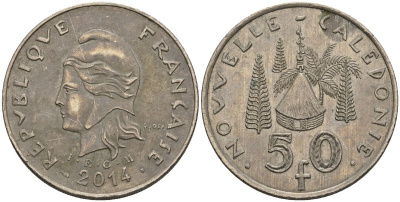 Французская Новая Каледония 50 франков 2014 хижина среди сосен и пальм, (IEOM) KM 13a, Schoen 15a, Lec 128i медно-никель 4111-1112