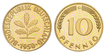 ФРГ 10 пфеннигов 1950 G, тираж 1.800 экземпляров KM 108, J. 383 сталь плакированная латунью PROOF 11-132-45