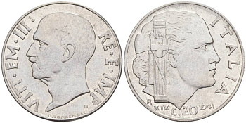 ИТАЛИЯ 20 ЧЕНТЕЗИМО 1941 R, ГОД XIX, ВИКТОР ЭММАНУИЛ III (1900-1946) KM 75b, VEM3. 1028 нержавеющая сталь 3853-937