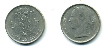 БЕЛЬГИЯ 5 ФРАНКОВ 1976 BELGIQUE KM 134.1 медно-никель 25-1526