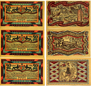 ОЛЬДЕНБУРГ лот из 3 БАНКНОТ ПО 50 пфеннигов 1921 НОТГЕЛЬД, ЗЕМЛЯ НИЖНЯЯ САКСОНИЯ Grabowski 1017.1b бумага 2195-8-3-1