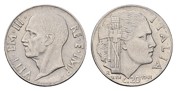 Италия 20 чентезимо 1941 Виктор Эммануил III (1900-1946) KM 75b нержавеющая сталь 4651-538
