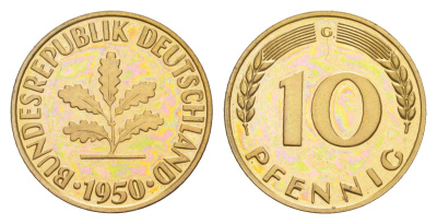 ФРГ 10 пфеннигов 1950 G, тираж 1.800 экземпляров KM 108, J. 383 сталь плакированная латунью PROOF 11-132-45