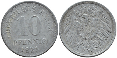 ГЕРМАНИЯ 10 ПФЕННИГОВ 1921 KM 26, J. 299 цинк 4395-1256