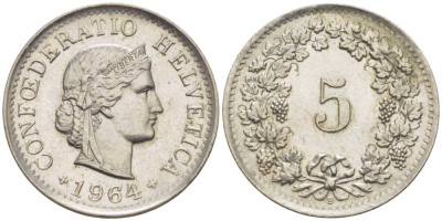 ШВЕЙЦАРИЯ 5 РАППЕНОВ 1964 В KM 26 медно-никель 100-1046