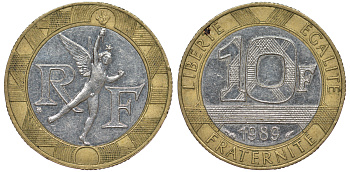 Франция 10 франков 1989 тип гений Бастилии KM 964.1, Le Franc 375.3 биметалл 45-621