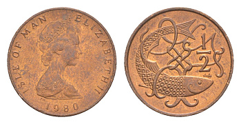 Остров Мэн 1/2 пенни 1980 PM, Елизавета II (1952-2022) KM 58 бронза UNC 4651-1014
