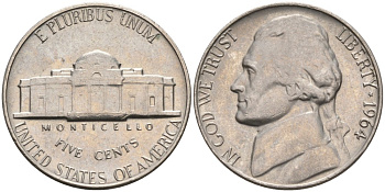 США 5 центов 1964 Джефферсон KM А192 медно-никель 92-1054