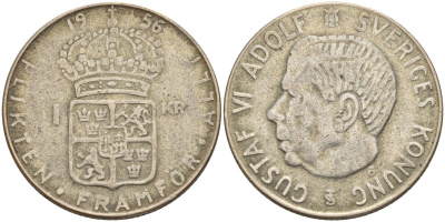 Швеция 1 крона 1956 TS, Густав VI Адольф (1950-1973) KM 826 серебро 4148-1151