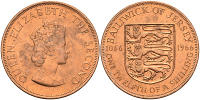 Джерси 1/12 шиллинга 1966 900 лет Нормандскому завоеванию KM 26 бронза UNC 4367-344