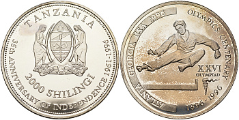 Танзания 2000 шиллингов 1996 XXVI Олимпийские игры 1996 года в Атланте, 100 лет Олимпийскому движению, карате, пробник, рубчатый гурт серебро PROOF 06-158-15