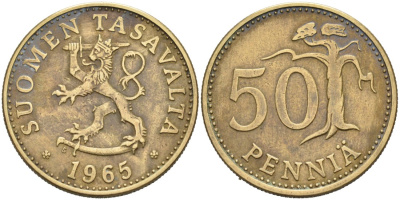 ФИНЛЯНДИЯ 50 ПЕННИ 1965 S KM 48 алюминиевая бронза 4563-415
