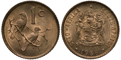 ЮАР 1 цент 1986 герб, капские воробьи KM 82 бронза UNC 105-917