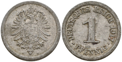 Германия 1 пфенниг 1917 A KM 24, J. 300, Weege 2 алюминий 4189-812