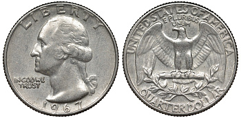 США 25 центов (квотер) 1967 Вашингтон KM 164а медь плакированная медно-никелем 4128-624
