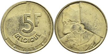БЕЛЬГИЯ 5 ФРАНКОВ 1986 BELGIQUE KM 163 латунь или алюминевая бронза 4385-333