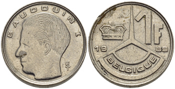 БЕЛЬГИЯ 1 ФРАНК 1989 BELGIQUE KM 170 железо плакированное никелем 66-312