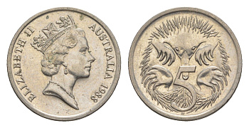 Австралия 5 центов 1988 Елизавета II (1952-2022), ехидна KM 80 медно-никель UNC 4154-113