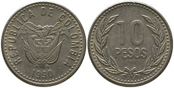 Колумбия 10 песо 1990 KM 281.1 медь цинк никель 4528-832