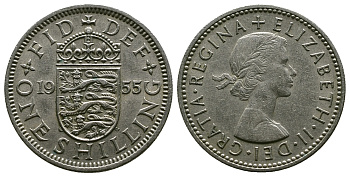 Великобритания 1 шиллинг 1955 Елизавета II (1952-2022), Английский герб KM 904, Spink 4147 медно-никель 4384-321