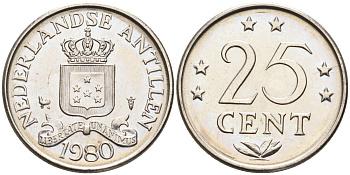 Нидерландские Антилы 25 центов 1980 Юлиана (1948-1980) KM 11 никель 4169-412