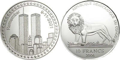 Конго 10 франков 2006 башни близнецы, в память жертв 11 сентября 2001 года серебро PROOF 4-5-3-01