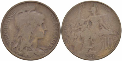 ФРАНЦИЯ 10 САНТИМОВ 1901 ТИП ДАНИЭЛЬ ДЮПЮИ KM 843, LA FRANC 136.11 бронза 109-143