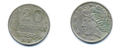 Бразилия 20 сентаво 1970 голова Свободы влево KM 579.2, Schon 84a медно-никель 51-4644