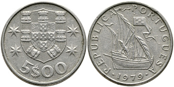ПОРТУГАЛИЯ 5 ЭСКУДО 1979 ПАРУСНИК KM 591 медно-никель 65-1123