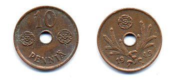 ФИНЛЯНДИЯ 10 ПЕННИ 1943 KM 33.1 медь 51-5032